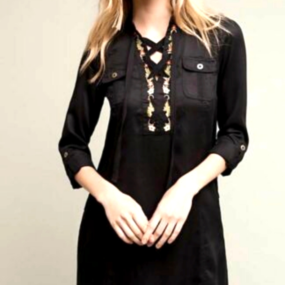 ANTHROPOLOGIE Holding Horses Black Embroidered Lace-Up Long Sleeve Dress